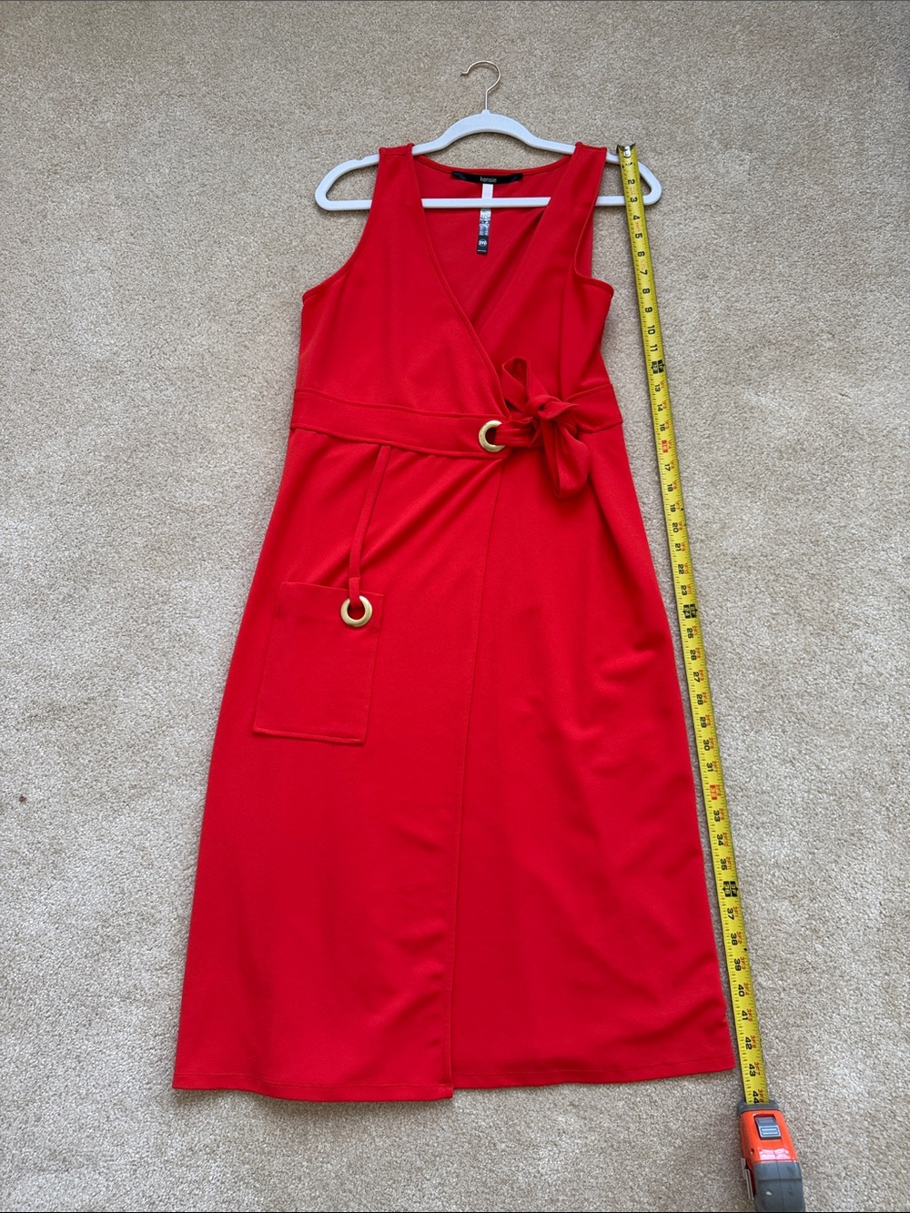 Kenzie Vibrant Red Sleeveless Midi Dress with Waist Tie M